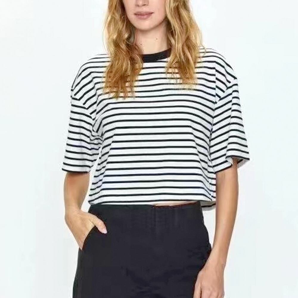 Pistola Mae Black White Striped Cropped Tee Size S
